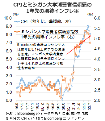 CPIとミシガン大学消費者信頼感の1年先の期待インフレ率